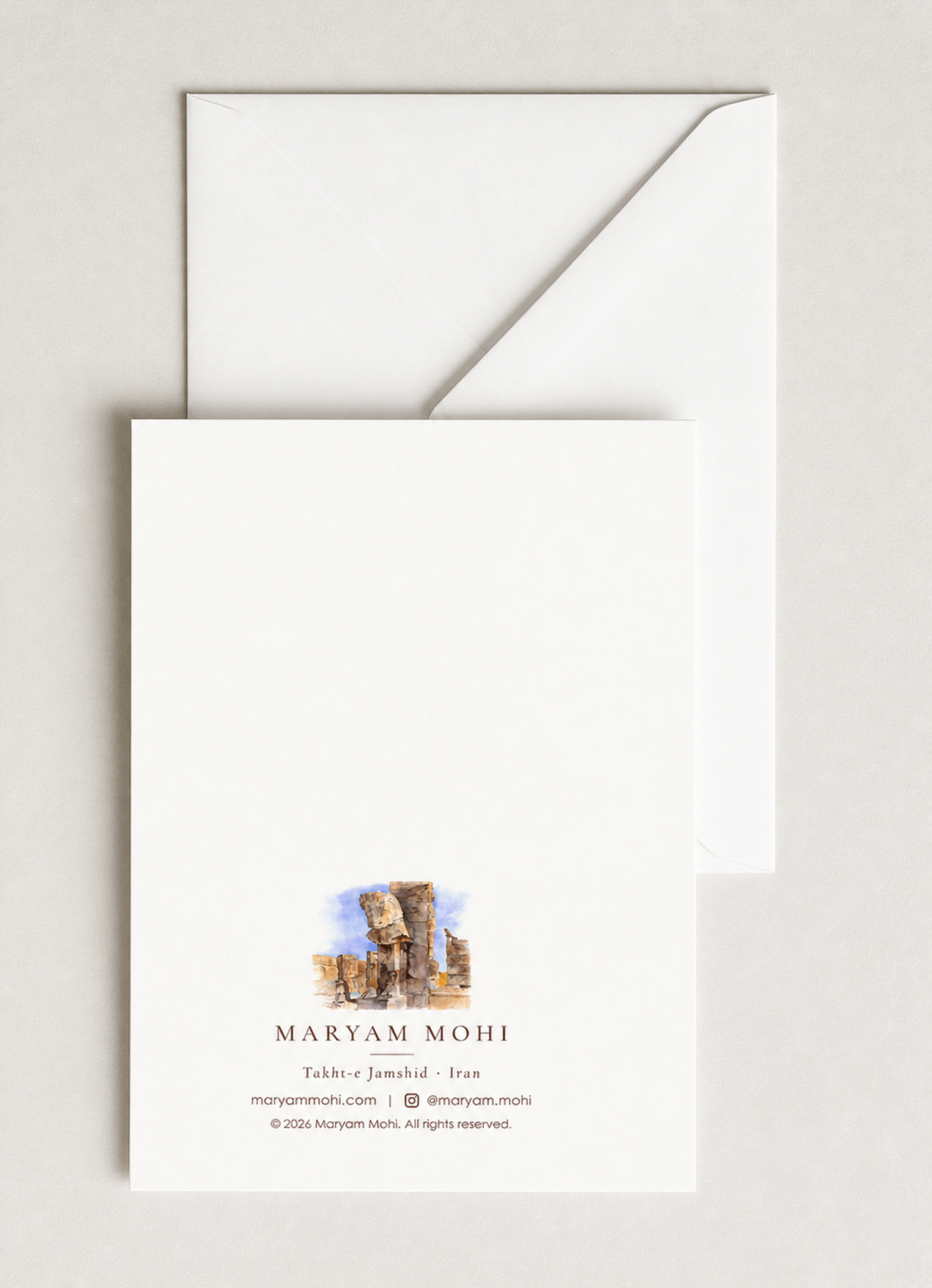 Back of Persepolis greeting card showing Maryam Mohi artist credit, with envelope