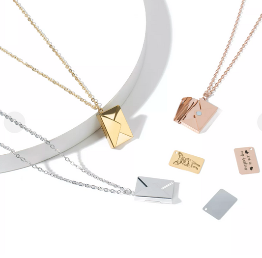 Personalized stainless steel envelope necklace with engraved hidden love note card