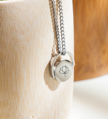 Personalized stainless steel spinner necklace with engraved rotating disc pendant