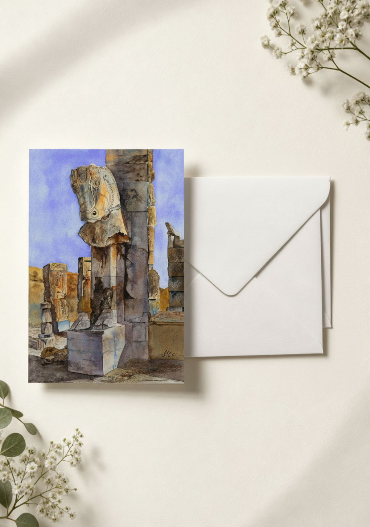 Persepolis watercolor note card with white envelope, Persian art greeting card printed in the USA