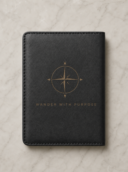 Black vegan leather passport cover laser engraved with a compass rose and the phrase Wander With Purpose, personalized travel gift