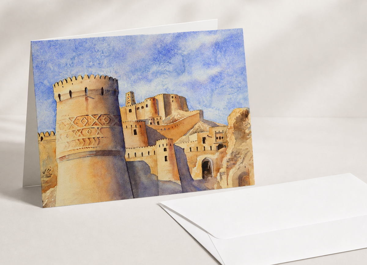 Iranian heritage blank greeting card featuring Arg-e Bam watercolor art by Maryam Mohi