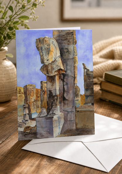Watercolor greeting card of Persepolis (Takht-e Jamshid) columns in Iran by Maryam Mohi, 5x7 blank card