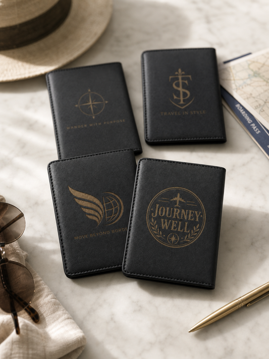 Four black vegan leather passport covers with custom laser engraved travel designs, including a compass, anchor and Journey Well emblem, personalized passport holders