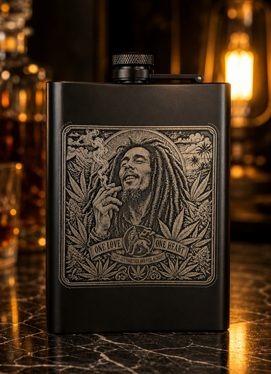 Personalized photo engraved flask shown as a gift