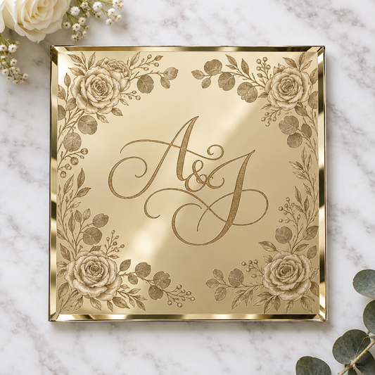 Elegant engraved wedding mirror with calligraphy initials, personalized wedding keepsake
